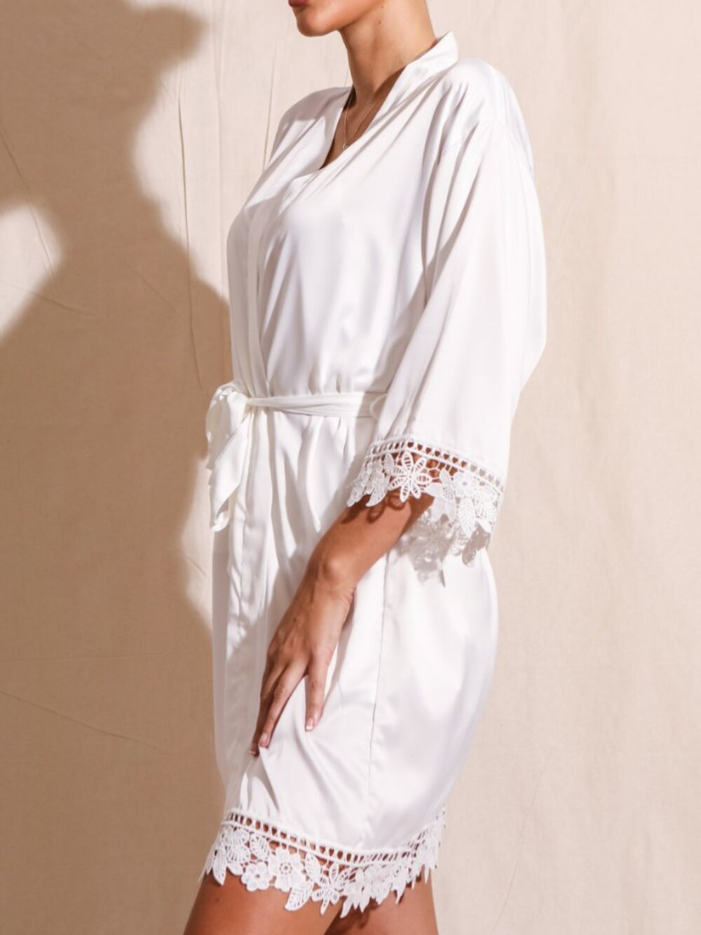 White Lace-Trim Satin Robe - Picture 2 of 15
